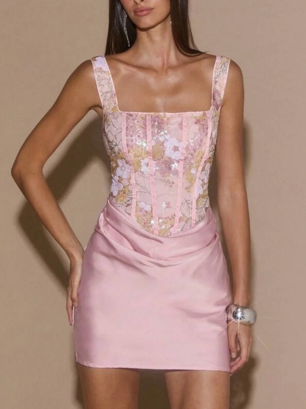 Pink Floral Embroidered Corset Mini Dress - Picture 1 of 3